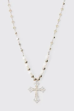 Cross Pendant Pearl And Metal Bead Necklace | BoohooMAN UK