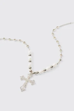 Cross Pendant Pearl And Metal Bead Necklace | BoohooMAN UK