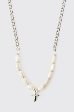 Cross Pendant Pearl Necklace | BoohooMAN UK