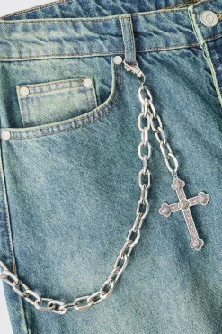 Cross Skull Jean Chain In Silver | BoohooMAN UK