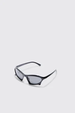 Curved Frame Racer Sunglasses In Black | BoohooMAN UK