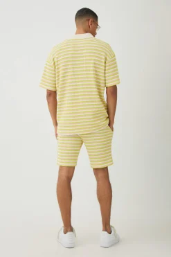 Deep V Revere Textured Stripe Polo Shirt & Shorts Set | BoohooMAN UK