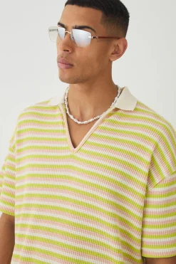 Deep V Revere Textured Stripe Polo Shirt & Shorts Set | BoohooMAN UK