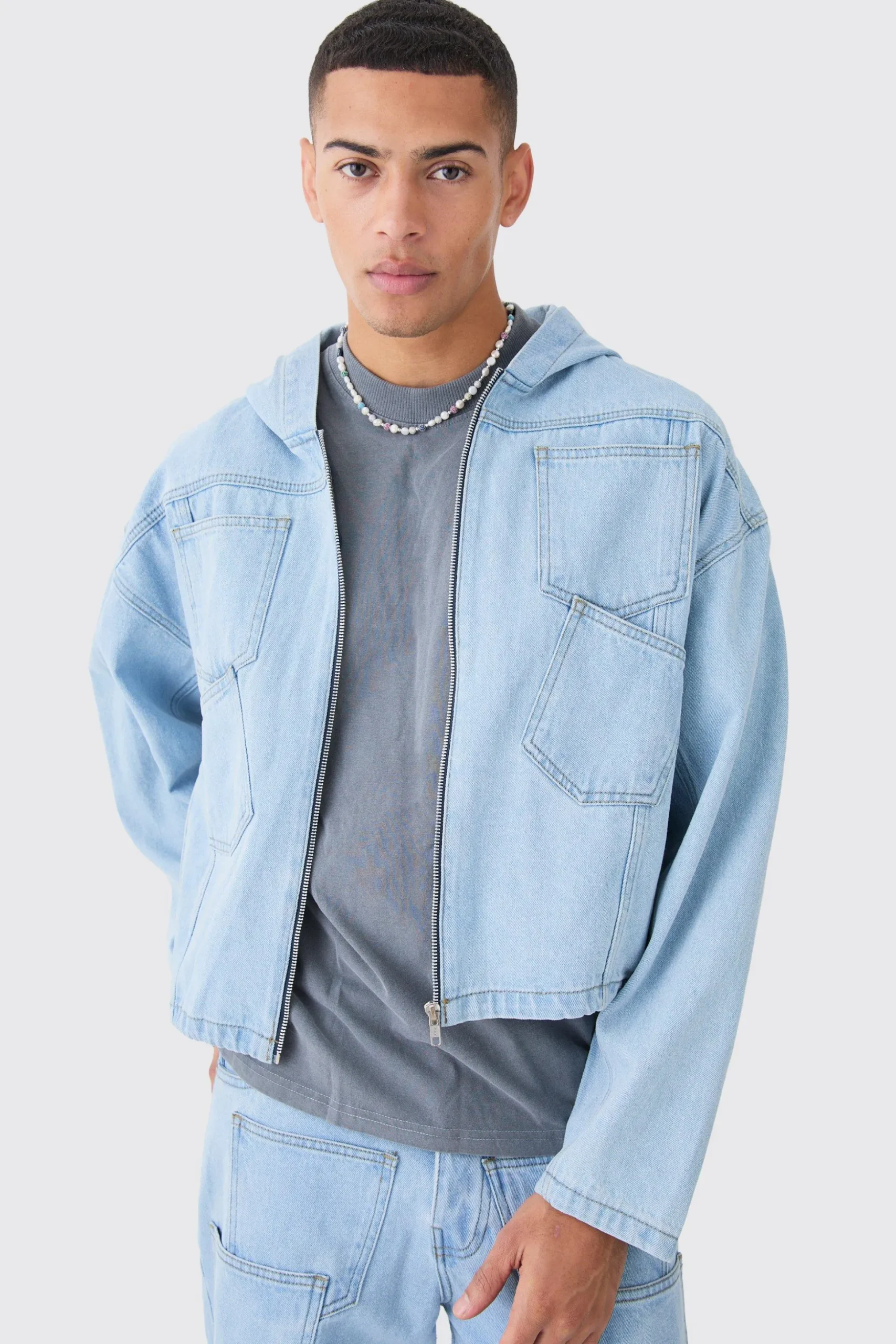 Denim Boxy Fit Acid Wash Detail Hoodie | BoohooMAN UK