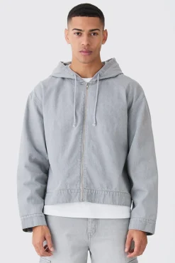 Denim Boxy Fit Zip Through Hoodie | BoohooMAN UK