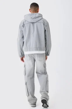 Denim Boxy Fit Zip Through Hoodie | BoohooMAN UK