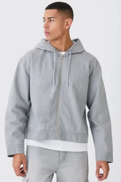 Denim Boxy Fit Zip Through Hoodie | BoohooMAN UK