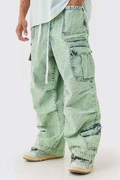 Denim Parachute Elasticated Waist Overdyed Acid Washed Cargo Jeans In Sage | BoohooMAN UK
