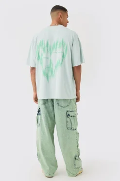 Denim Parachute Elasticated Waist Overdyed Acid Washed Cargo Jeans In Sage | BoohooMAN UK