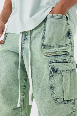 Denim Parachute Elasticated Waist Overdyed Acid Washed Cargo Jeans In Sage | BoohooMAN UK