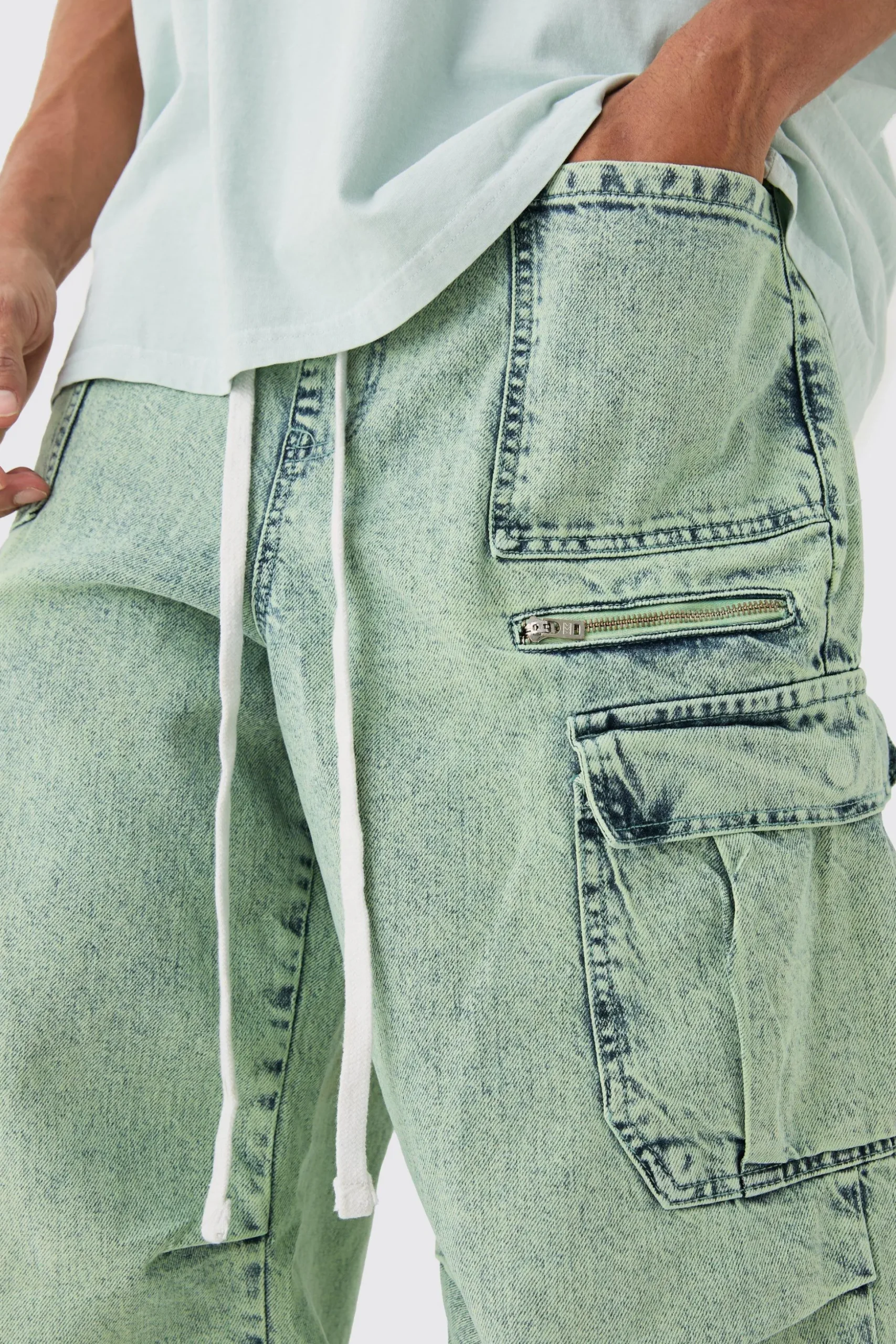 Denim Parachute Elasticated Waist Overdyed Acid Washed Cargo Jeans In Sage | BoohooMAN UK