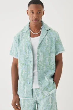 Denim Tapestry Revere Shirt | BoohooMAN UK
