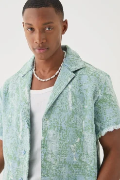 Denim Tapestry Revere Shirt | BoohooMAN UK