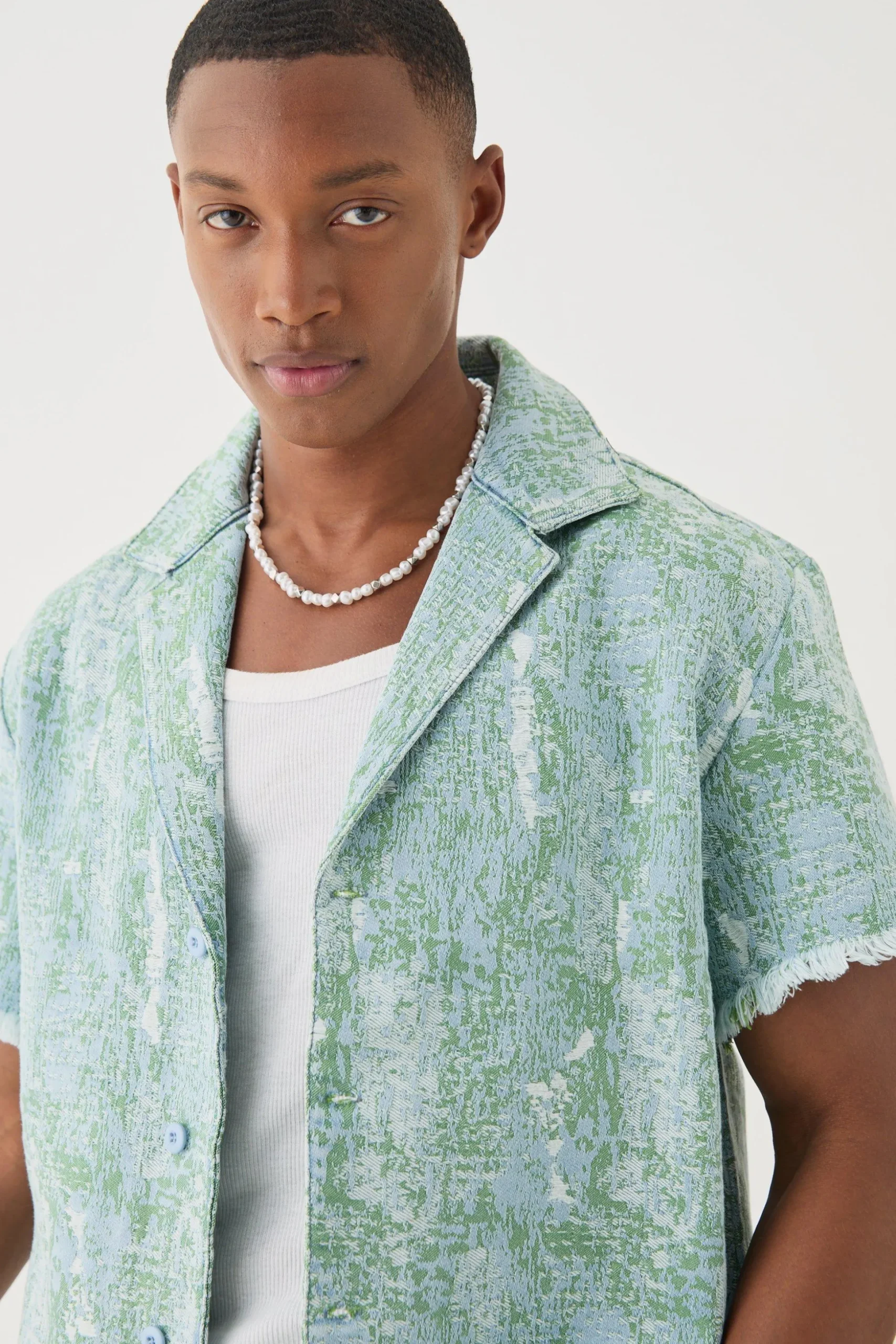 Denim Tapestry Revere Shirt | BoohooMAN UK