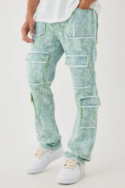 Denim Tapestry Stacked Cargo Flared Jeans | BoohooMAN UK