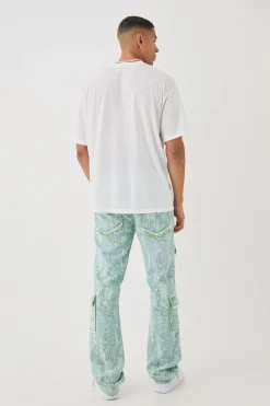Denim Tapestry Stacked Cargo Flared Jeans | BoohooMAN UK