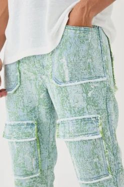 Denim Tapestry Stacked Cargo Flared Jeans | BoohooMAN UK