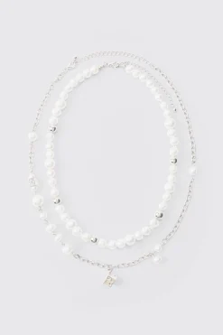 Dice And Parel Double Layer Necklace In White | BoohooMAN UK