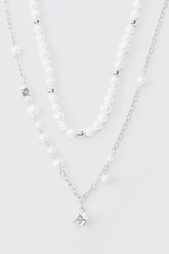 Dice And Parel Double Layer Necklace In White | BoohooMAN UK