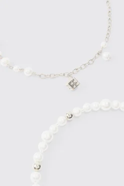 Dice And Parel Double Layer Necklace In White | BoohooMAN UK