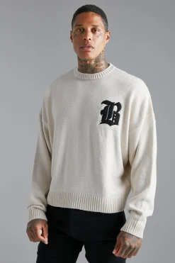 Distressed B Boxy Ribbed Jumper | BoohooMAN UK