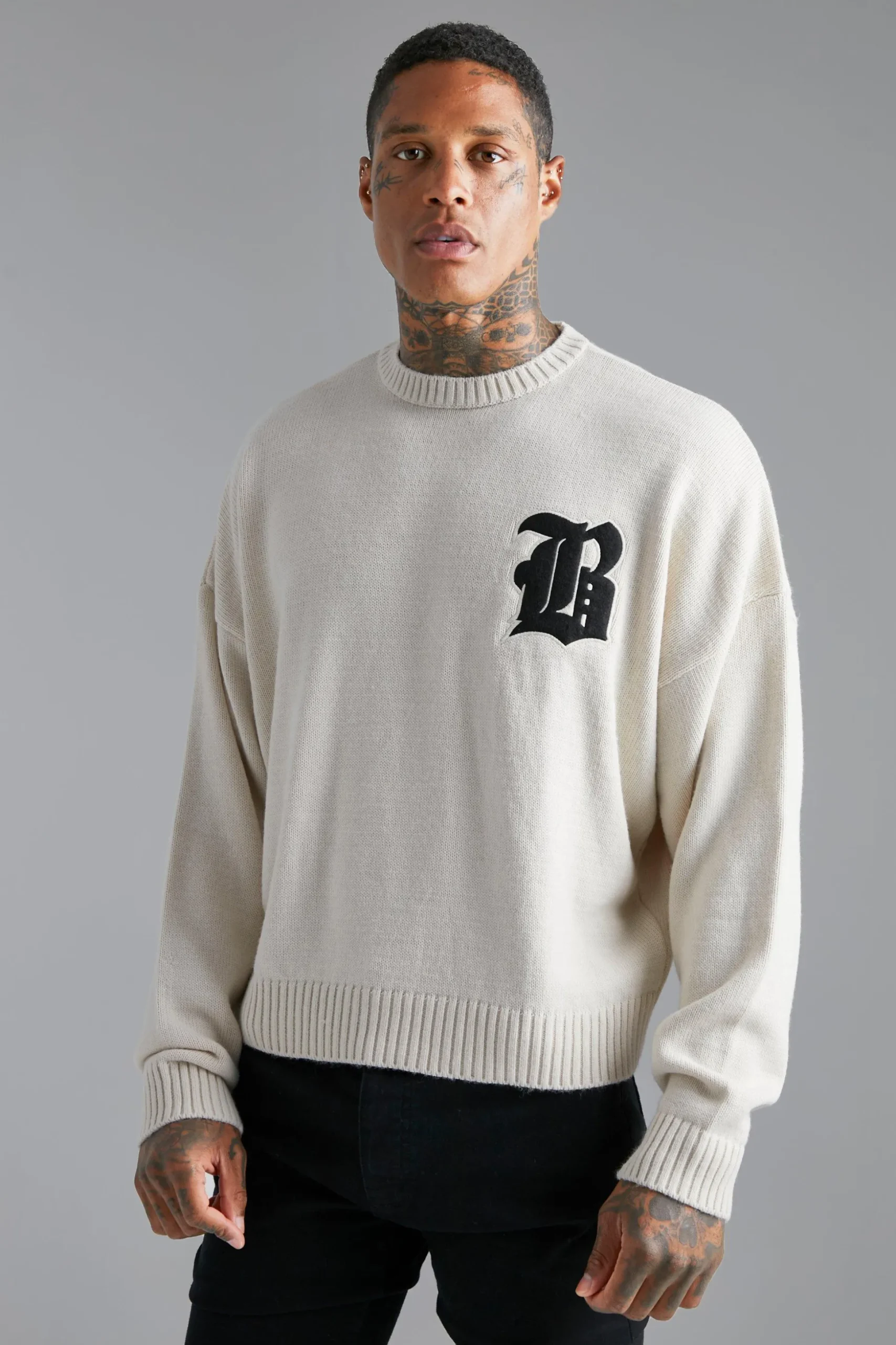 Distressed B Boxy Ribbed Jumper | BoohooMAN UK