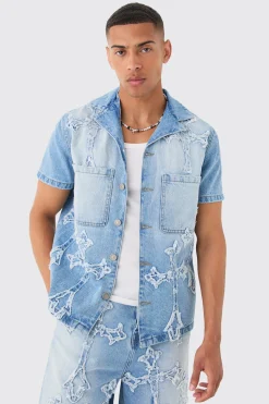 Distressed Cross Applique Denim Revere Shirt In Light Blue | BoohooMAN UK