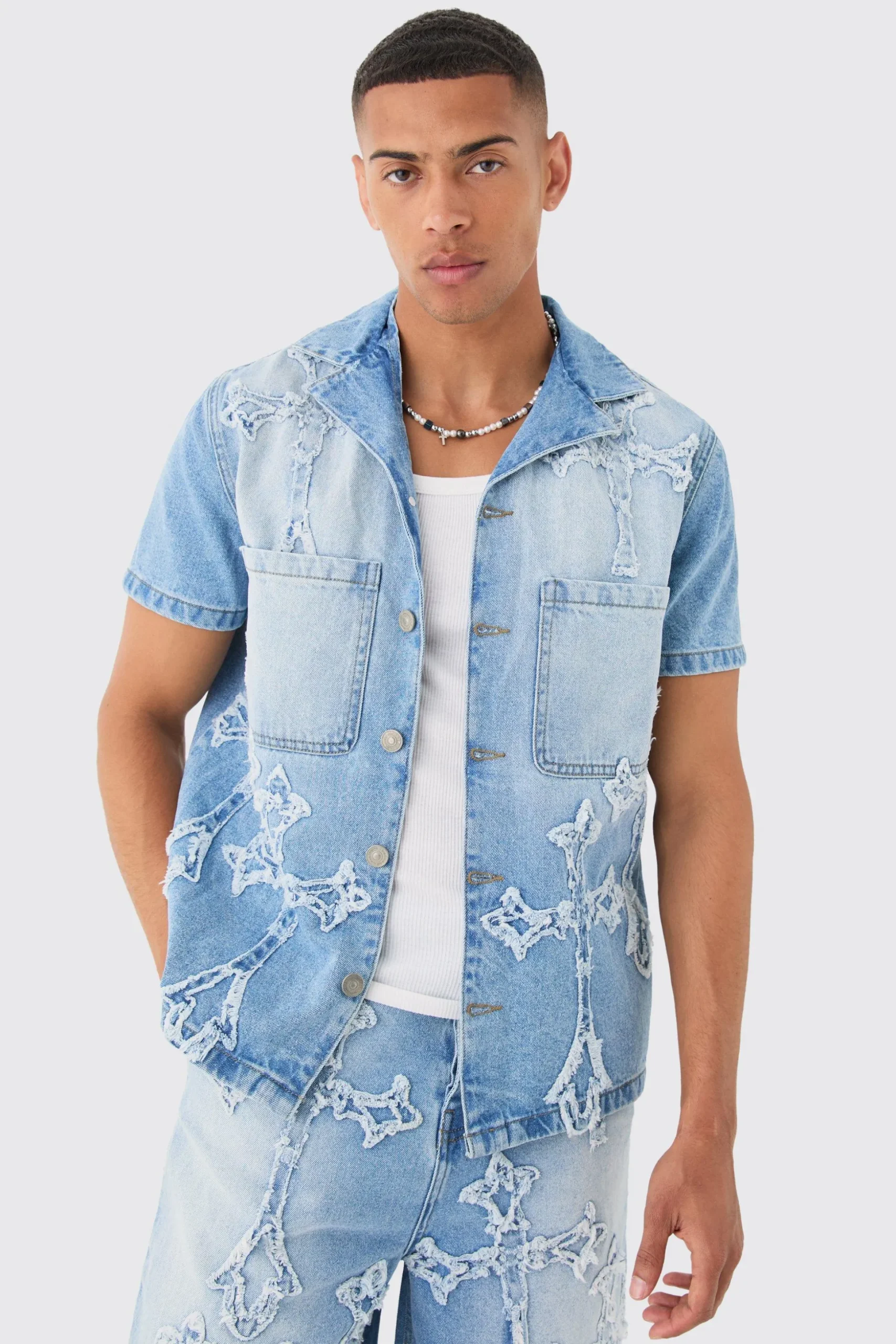 Distressed Cross Applique Denim Revere Shirt In Light Blue | BoohooMAN UK