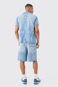 Distressed Cross Applique Denim Revere Shirt In Light Blue | BoohooMAN UK