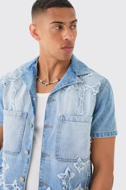 Distressed Cross Applique Denim Revere Shirt In Light Blue | BoohooMAN UK