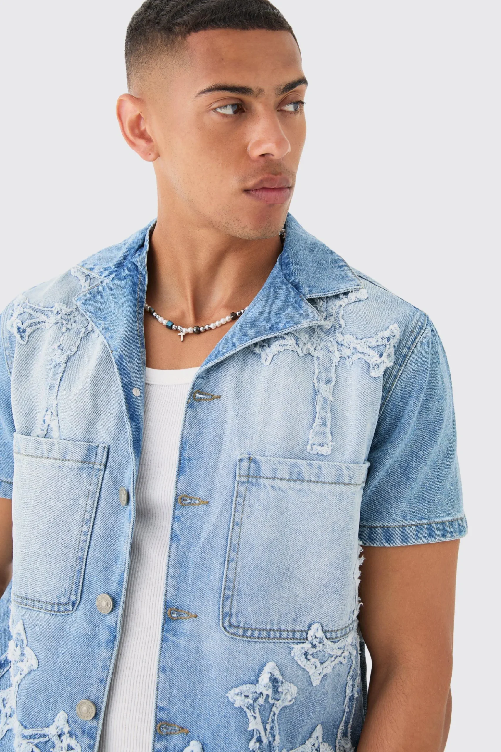 Distressed Cross Applique Denim Revere Shirt In Light Blue | BoohooMAN UK