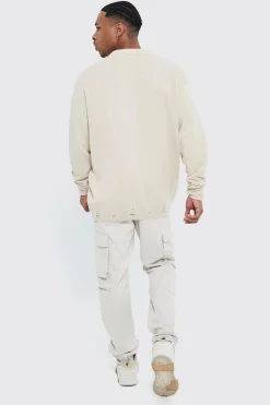 Distressed Hem Knitted Moto Oversized Jumper | BoohooMAN UK