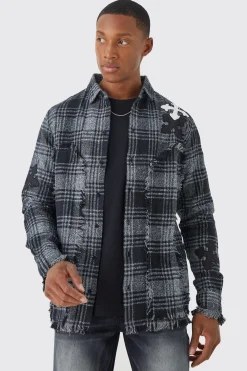 Distressed Hem Panel And Badge Check Shirt | BoohooMAN UK