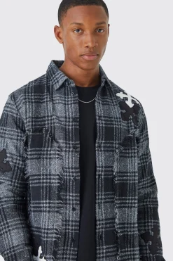 Distressed Hem Panel And Badge Check Shirt | BoohooMAN UK