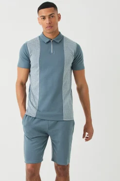 Dogtooth Jacquard Panel Polo & Short Set | BoohooMAN UK