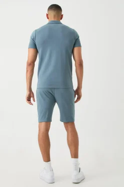 Dogtooth Jacquard Panel Polo & Short Set | BoohooMAN UK