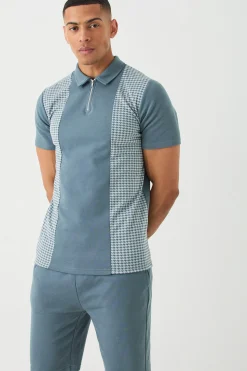 Dogtooth Jacquard Panel Polo & Short Set | BoohooMAN UK
