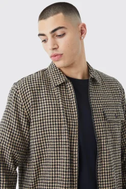 Dogtooth Jacquard Zip Through Overshirt | BoohooMAN UK