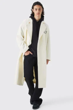 Double Breasted Longline Varsity Badge Overcoat | BoohooMAN UK