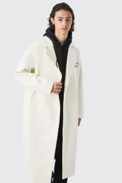 Double Breasted Longline Varsity Badge Overcoat | BoohooMAN UK