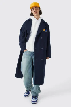 Double Breasted Longline Varsity Badge Overcoat | BoohooMAN UK