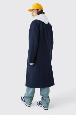 Double Breasted Longline Varsity Badge Overcoat | BoohooMAN UK