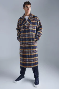 Double Breasted Longline Brushed Check Overcoat | BoohooMAN UK