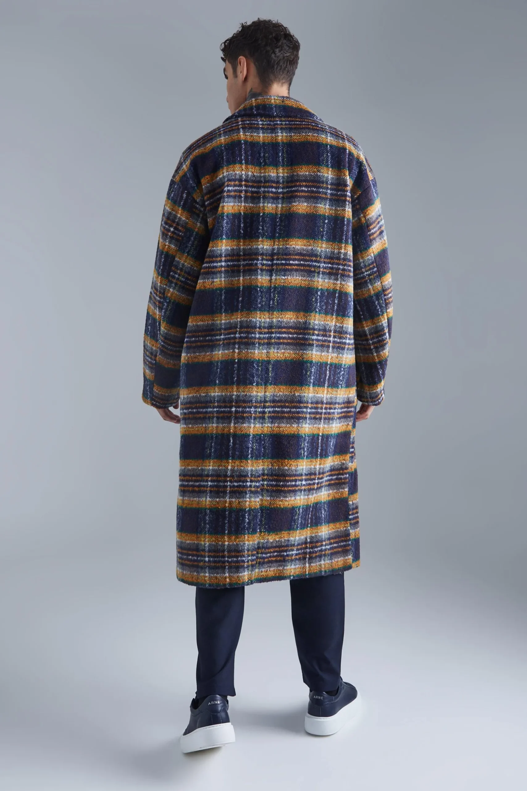 Double Breasted Longline Brushed Check Overcoat | BoohooMAN UK