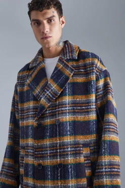 Double Breasted Longline Brushed Check Overcoat | BoohooMAN UK