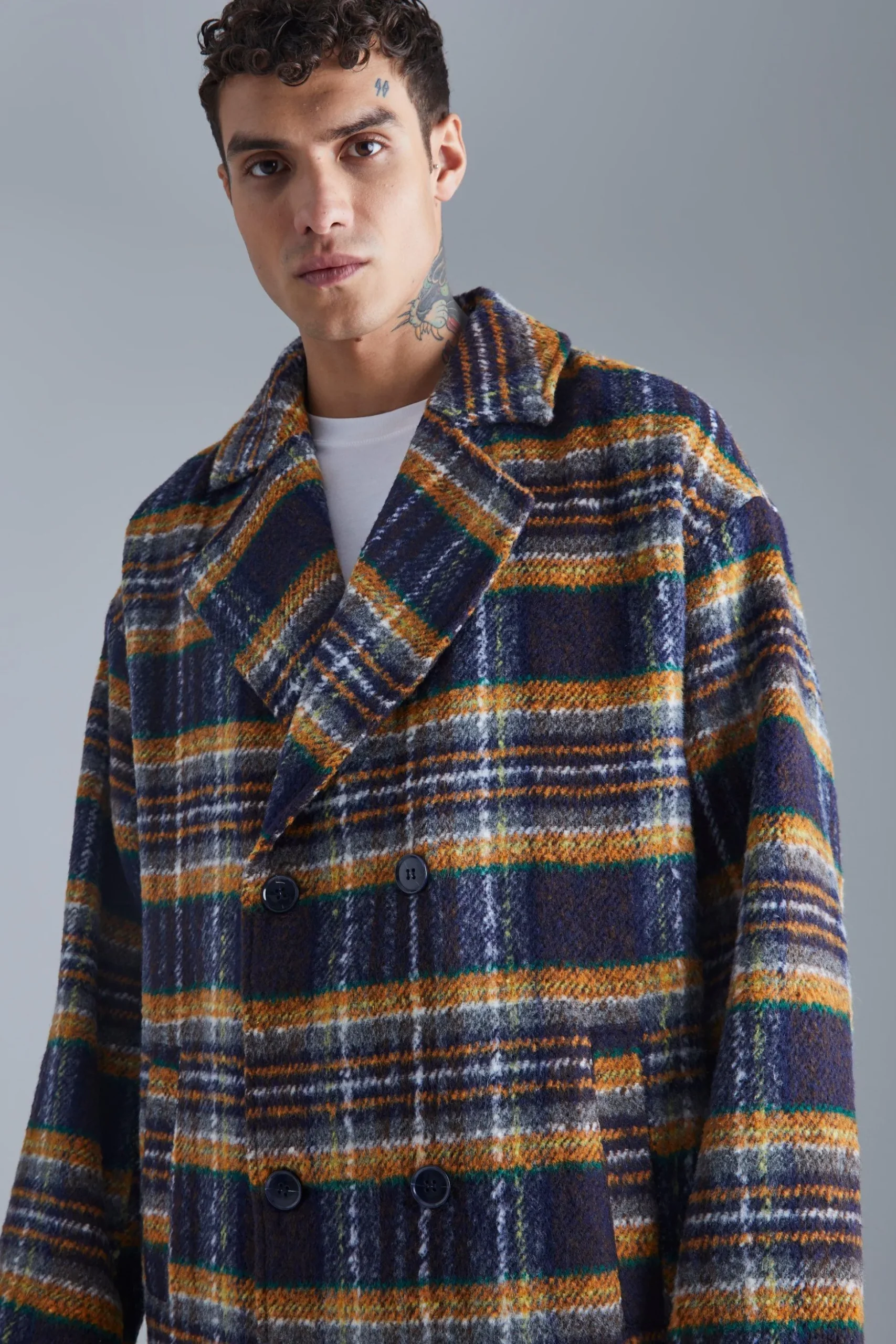 Double Breasted Longline Brushed Check Overcoat | BoohooMAN UK