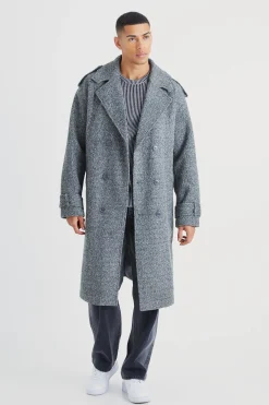 Double Breasted Salt & Pepper Overcoat | BoohooMAN UK