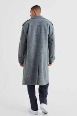 Double Breasted Salt & Pepper Overcoat | BoohooMAN UK