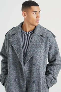 Double Breasted Salt & Pepper Overcoat | BoohooMAN UK