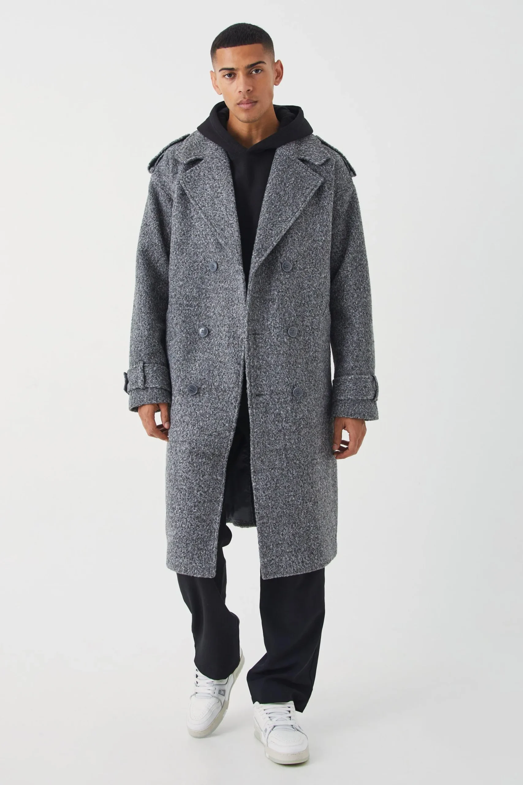 Double Breasted Salt & Pepper Overcoat | BoohooMAN UK